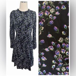 MANGO MNG Purple Floral Cottagecore Long Sleeve Midi Dress Sz 8